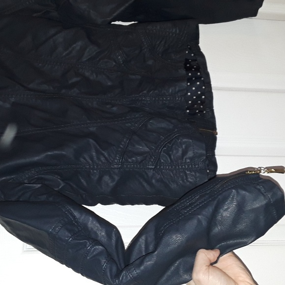 Faux Leather dark Navy Moto Jacket Bought in Italy - Quality! Vegan Gold zip S - Picture 11 of 15
